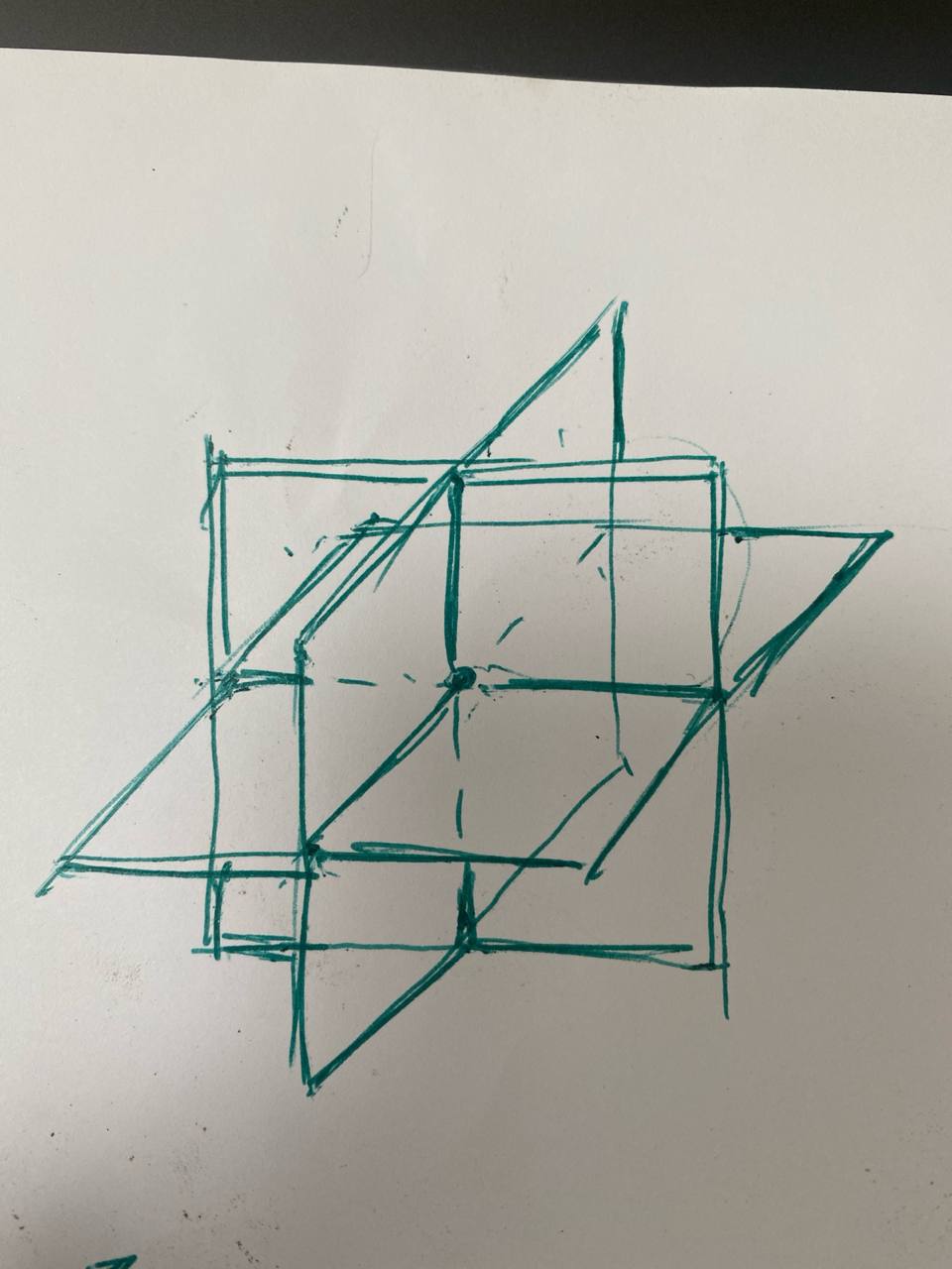Operator’s hand-drawn three intersecting square sheets sharing a marked center, motivating the packet model.